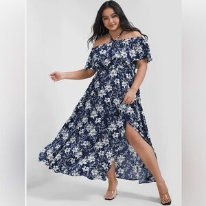 BLOOMCHIC Elegant blue and white halter Floral off-shoulder split maxi dress.NEW